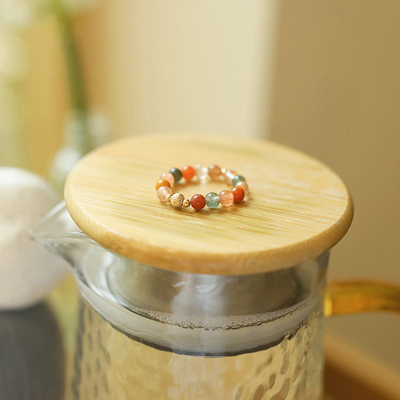 KarmaRipple's 14k Gold Plated Bronze Fu Lu Shou Gemstone Peach Moonstone Happiness Wealth Ring p1