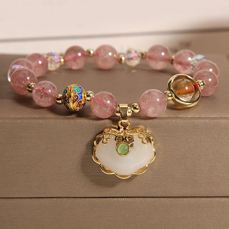 KarmaRipple's Strawberry Quartz Green Gemstone Amethyst Balancing Chinese Lock Talisman Bracelet p1