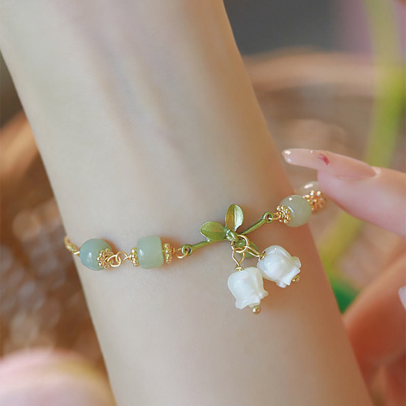 KarmaRipple's Green Jade Bead Lily of the Valley Prosperity Chain Bracelet p1