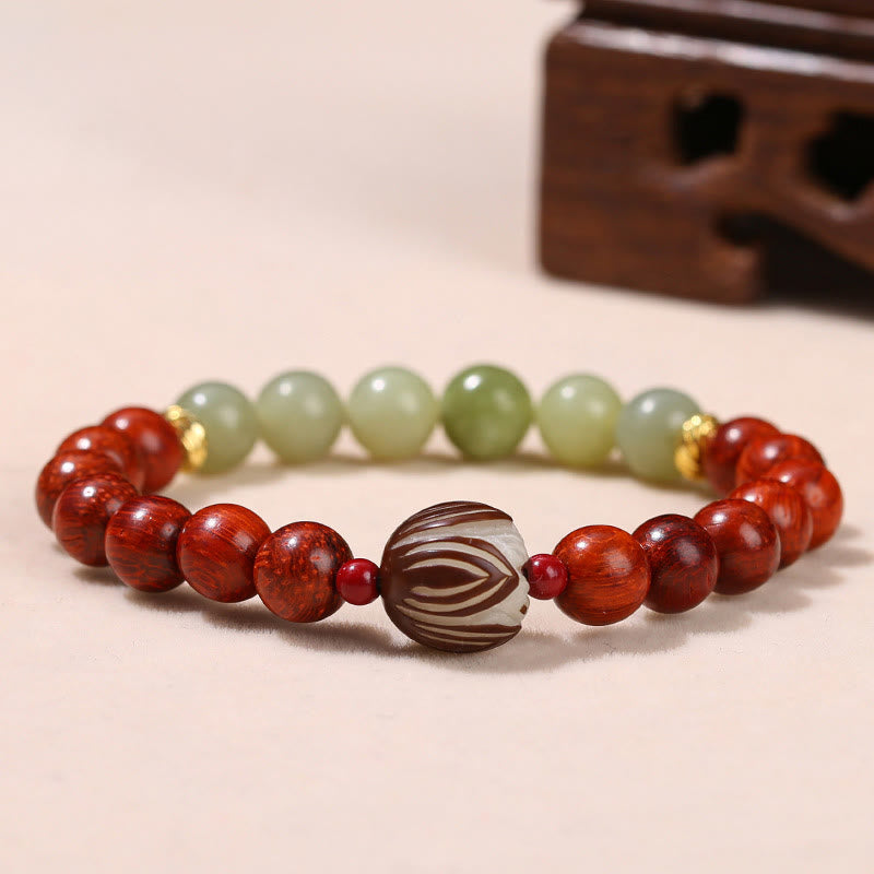 KarmaRipple's Authentic Rosewood Cyan Jade Bodhi Seed Lotus Warmth Calm Bracelet p1