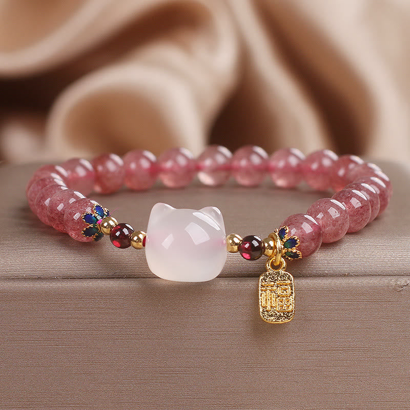 KarmaRipple's Strawberry Quartz Ivory Jade Cat Fu Character Balancing Bracelet p1