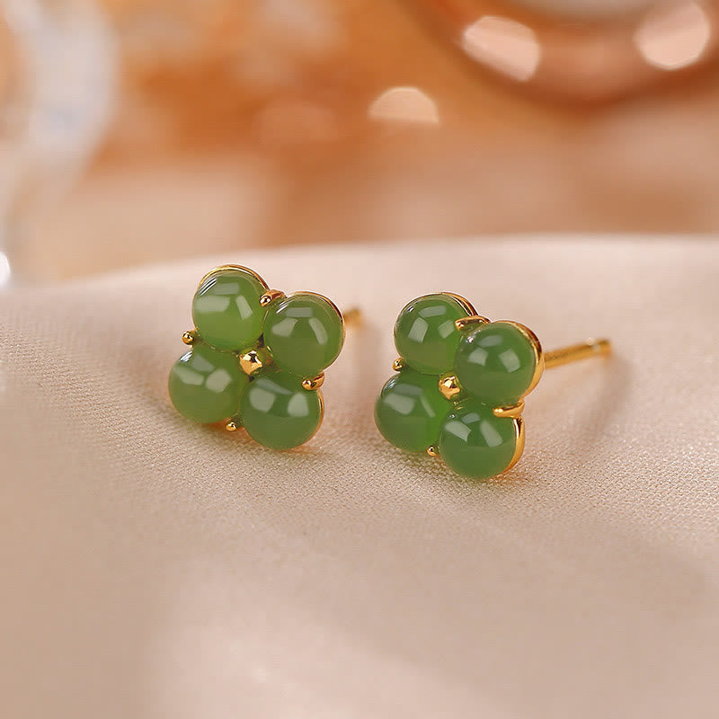 KarmaRipple's 925 Sterling Silver Plated Gold Authentic Cyan Jade Four Leaf Clover Fortune Stud Earrings p1