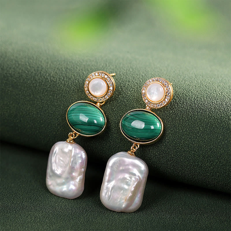 KarmaRipple's 925 Sterling Silver Authentic Baroque Pearl Malachite Balancing Wisdom Drop Earrings p1