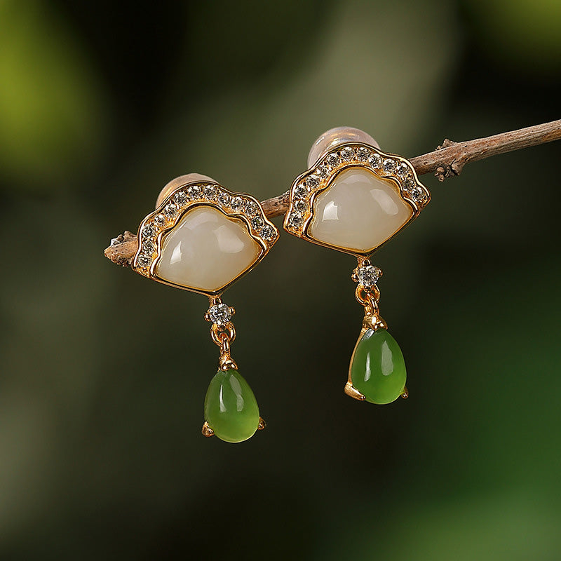 KarmaRipple's Ivory Jade Cyan Jade Fan Water Drop Pattern Fortune Drop Earrings p1