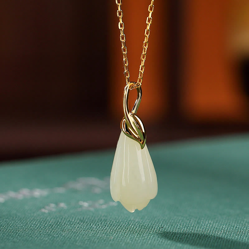 KarmaRipple's 925 Sterling Silver Plated Gold Authentic Hetian Jade Magnolia Flower Abundance Pendant Necklace p1