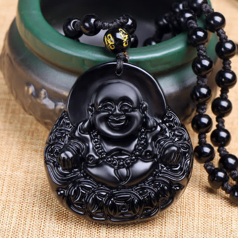 KarmaRipple's Laughing Buddha Black Obsidian Strength Protection Necklace Pendant p1