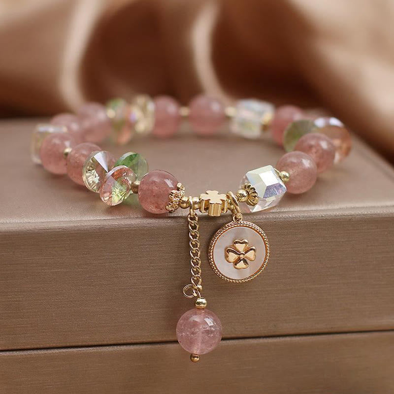 KarmaRipple's Strawberry Quartz Fortunate Four Leaf Clover Balancing Talisman Bracelet p1