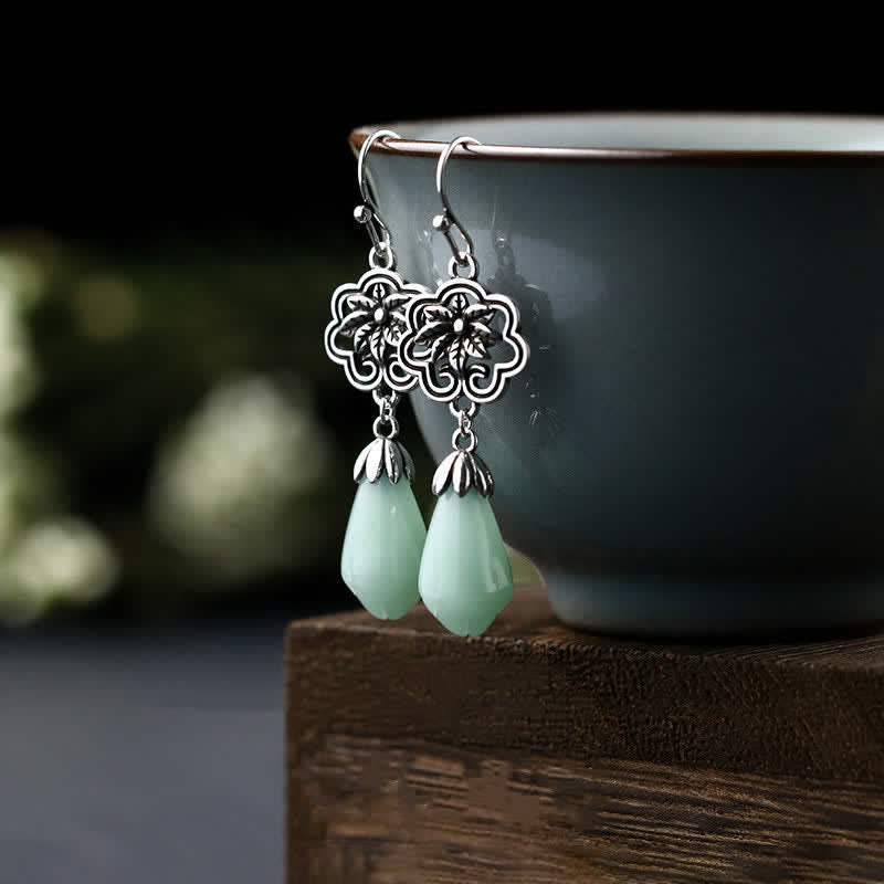 KarmaRipple's Magnolia Flower Jade Water Drop Prosperity Dangle Earrings p1
