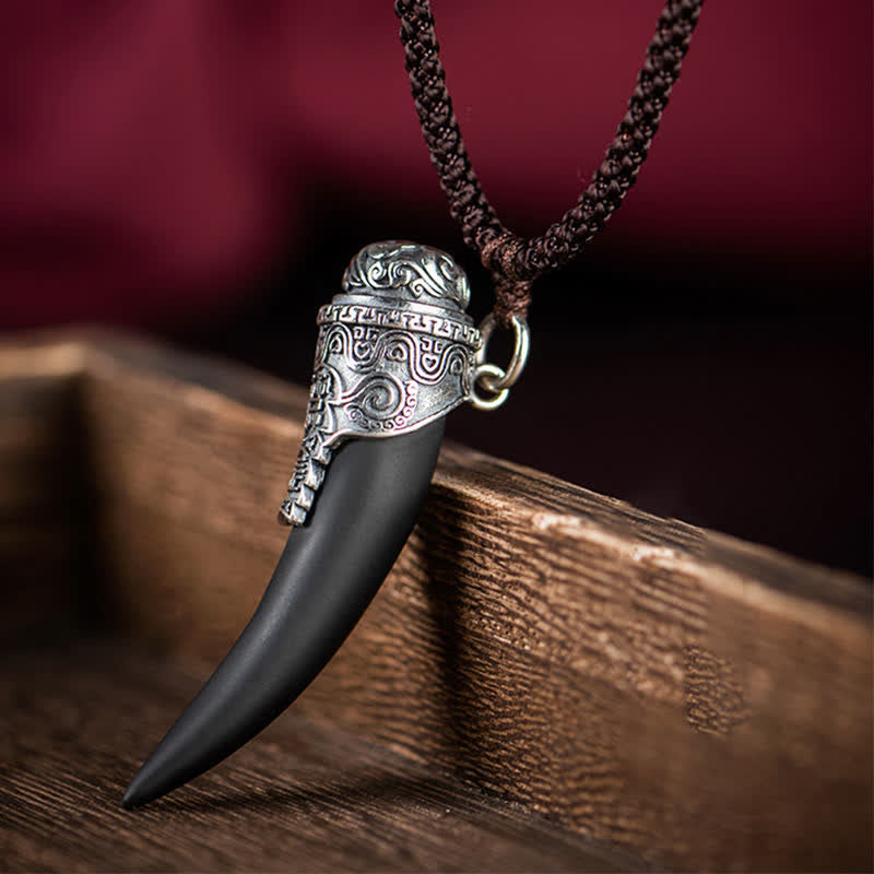 KarmaRipple's 925 Sterling Silver Black Obsidian Wolf Tooth Pattern Strength Pendant Necklace p1