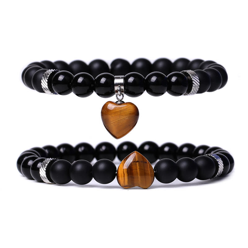 KarmaRipple's 2Pcs Black Onyx Gemstone Stone Love Heart Protection Support Pair Bracelet p1