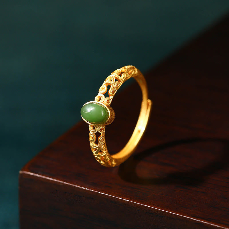 KarmaRipple's Auspicious Cloud Pattern Cyan Jade Fortune Adjustable Ring p1