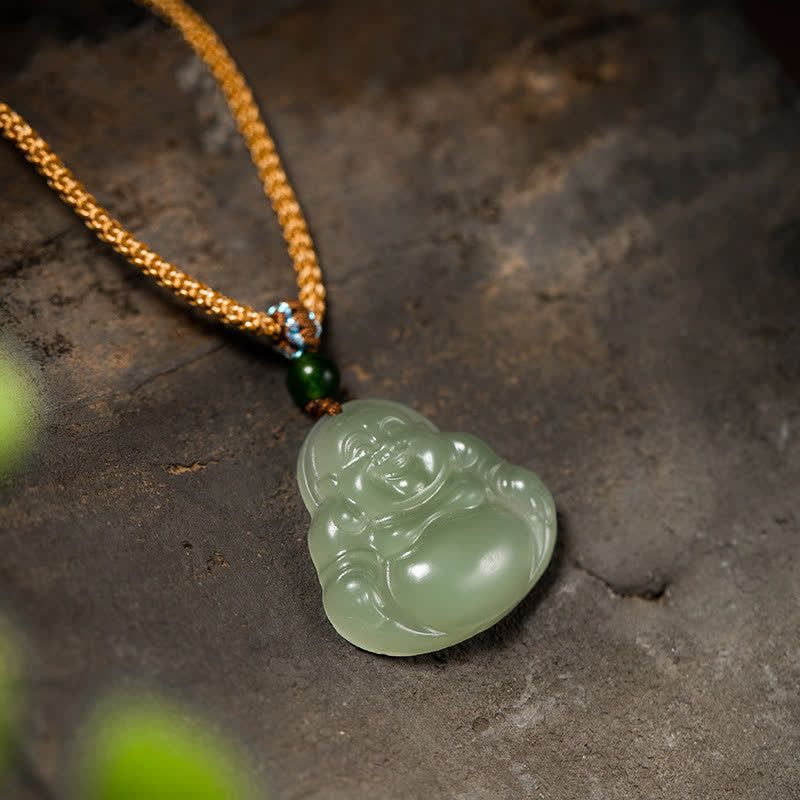 KarmaRipple's Laughing Buddha Jade Lotus Prosperity String Pendant Necklace p1