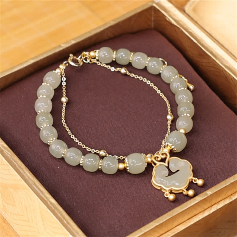 KarmaRipple's 14K Gold Plated Authentic Hetian Jade Wish Lock Bell Chain Bracelet p1