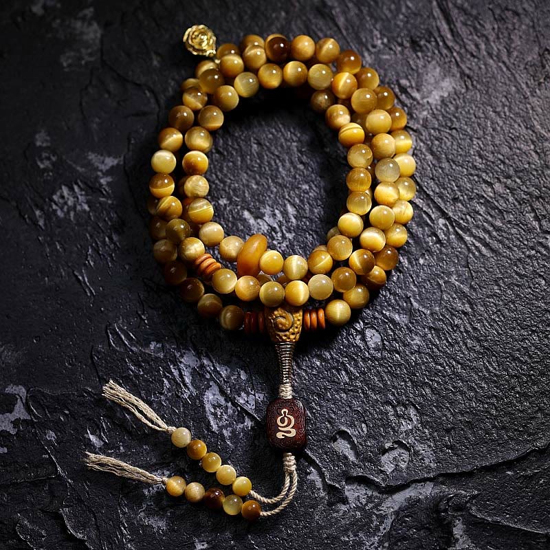 KarmaRipple's 108 Mala Beadwork Authentic Tiger Eye Bronze Dorje Protection Tassel Bracelet p1