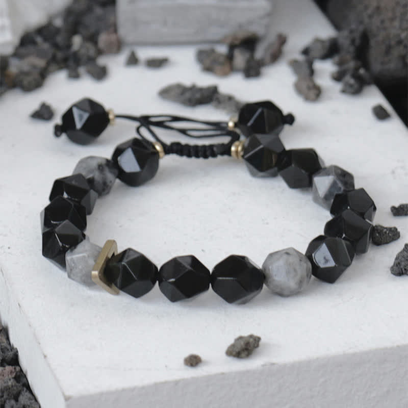 KarmaRipple's Black Obsidian Black Glitter Stone Purification Bracelet p1