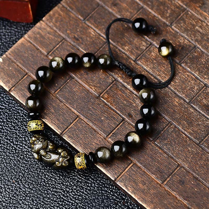 KarmaRipple's Authentic Gold Sheen Obsidian PiXiu Om Mani Padme Hum Wealth Woven Bracelet p1