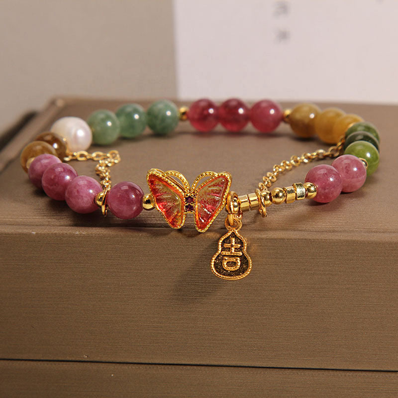 KarmaRipple's Authentic Colorful Tourmaline Butterfly Auspicious Character Gourd Talisman Positive Bracelet p1