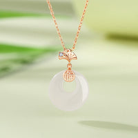 KarmaRipple's 925 Sterling Silver Ginkgo Leaf Butterfly Rose Chalcedony Hetian Jade Peace Buckle Fu Character Balance Pendant Necklace
