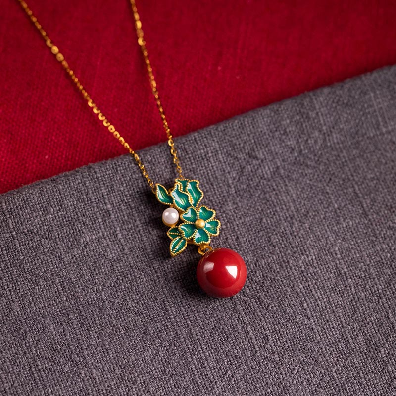 KarmaRipple's 925 Sterling Silver Plated Gold Cinnabar Pearl Flower Blessing Pendant Necklace Earrings Ring Set p2