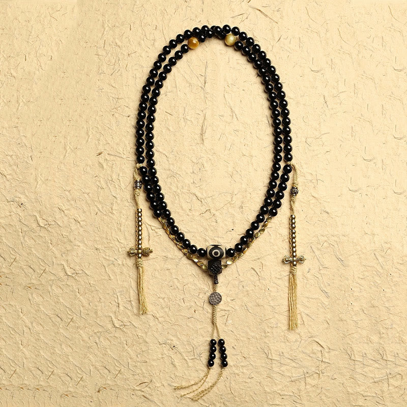 KarmaRipple's Tibetan 108 Mala Beadwork Black Onyx Three-eyed Dzi Beadwork Protection Bracelet p4