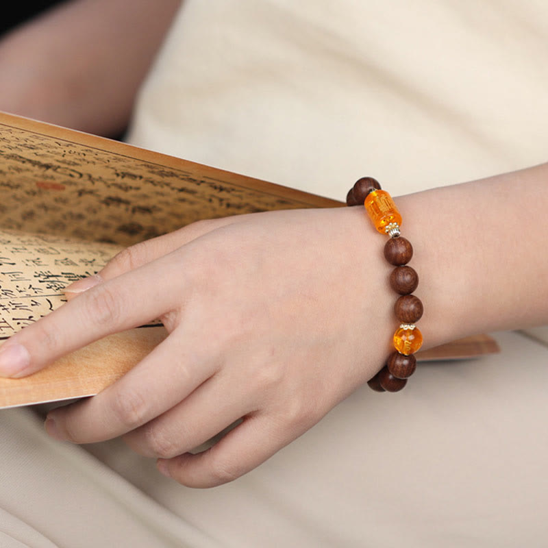 KarmaRipple's Authentic Phoebe Zhennan Wood Om Mani Padme Hum God Of Wealth Gemstone Protection Bracelet p6