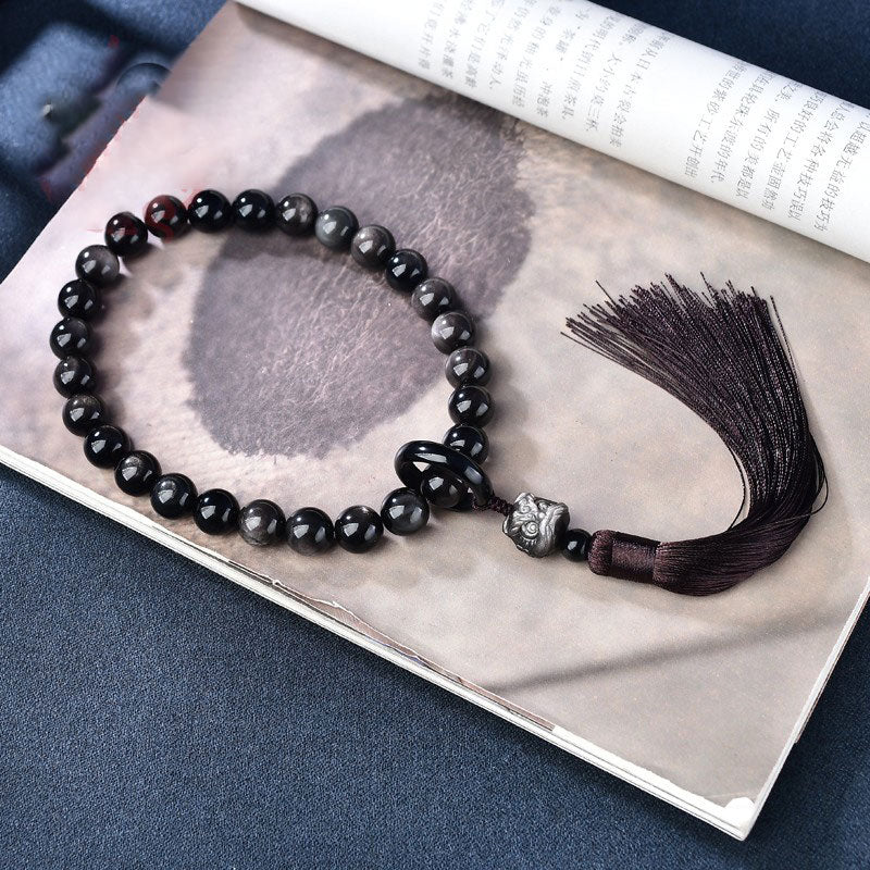KarmaRipple's Authentic Silver Sheen Obsidian Lion Wrist Mala Protection Tassels Pocket Mala Car Decoration p11