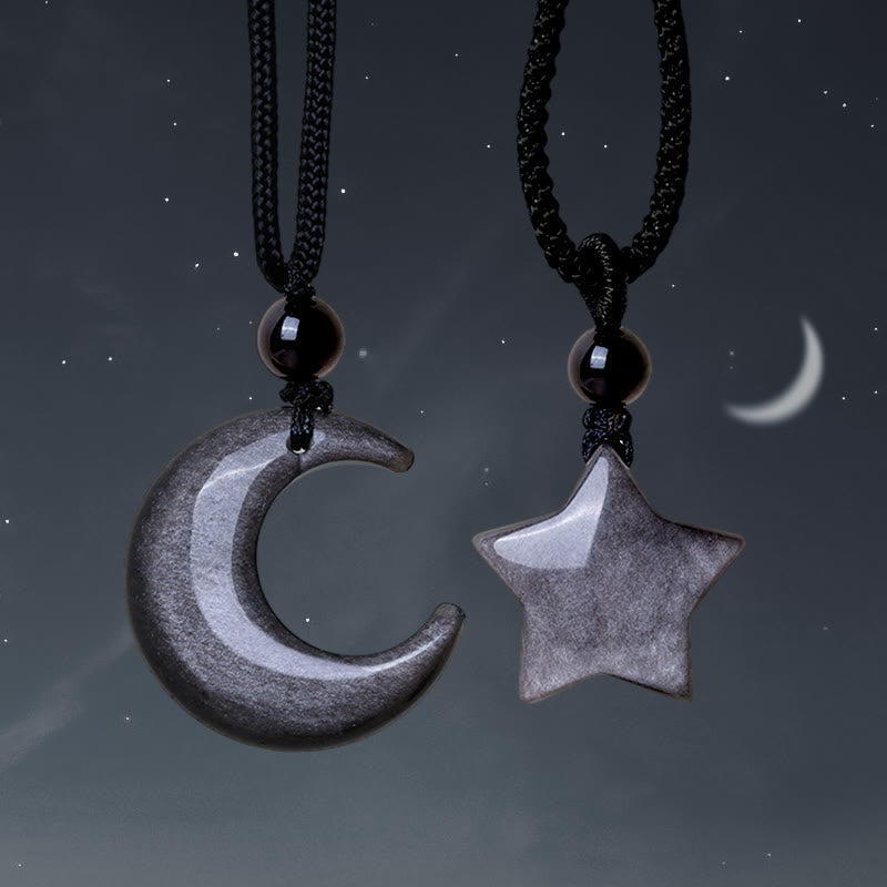 KarmaRipple's Authentic Silver Sheen Obsidian Star Crescent Moon Protection Pendant Necklace p3