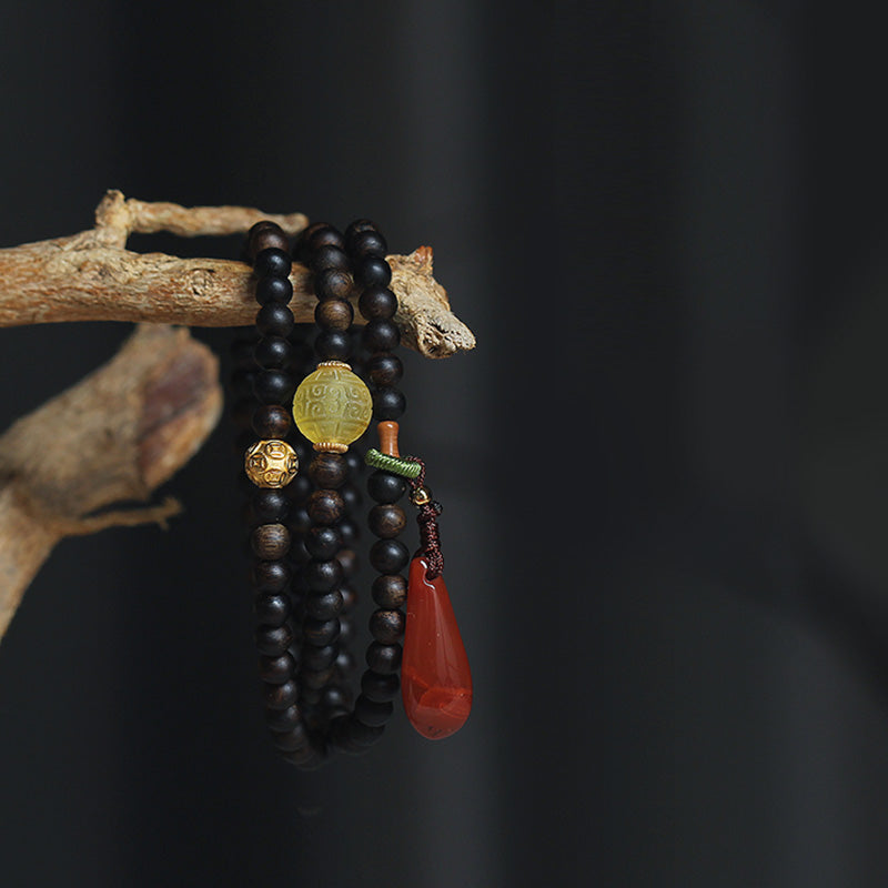 KarmaRipple's 999 Gold Nha Trang Heiqinan Agarwood Amber Red Agate Strength Meditation Bracelet p16