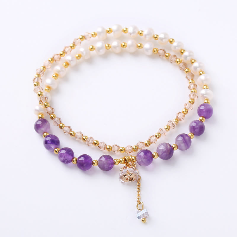 KarmaRipple's Authentic Amethyst Aquamarine Strawberry Quartz Pearl Peace Balancing Double Wrap Bracelet p5