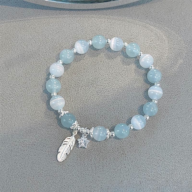 KarmaRipple's 925 Sterling Silver Aquamarine Cat's Eye Balancing Feather Star Talisman Bracelet p11