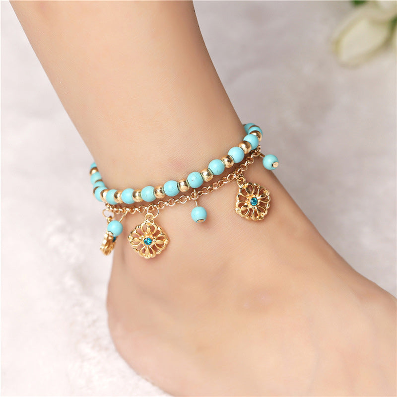 KarmaRipple's 2Pcs Turquoise Stone Flower Protection Bracelet Anklet p3