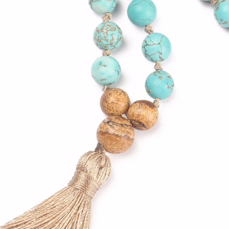 KarmaRipple's 108 Mala Beadwork Turquoise?Picture Jasper Wisdom Tassel Bracelet p4