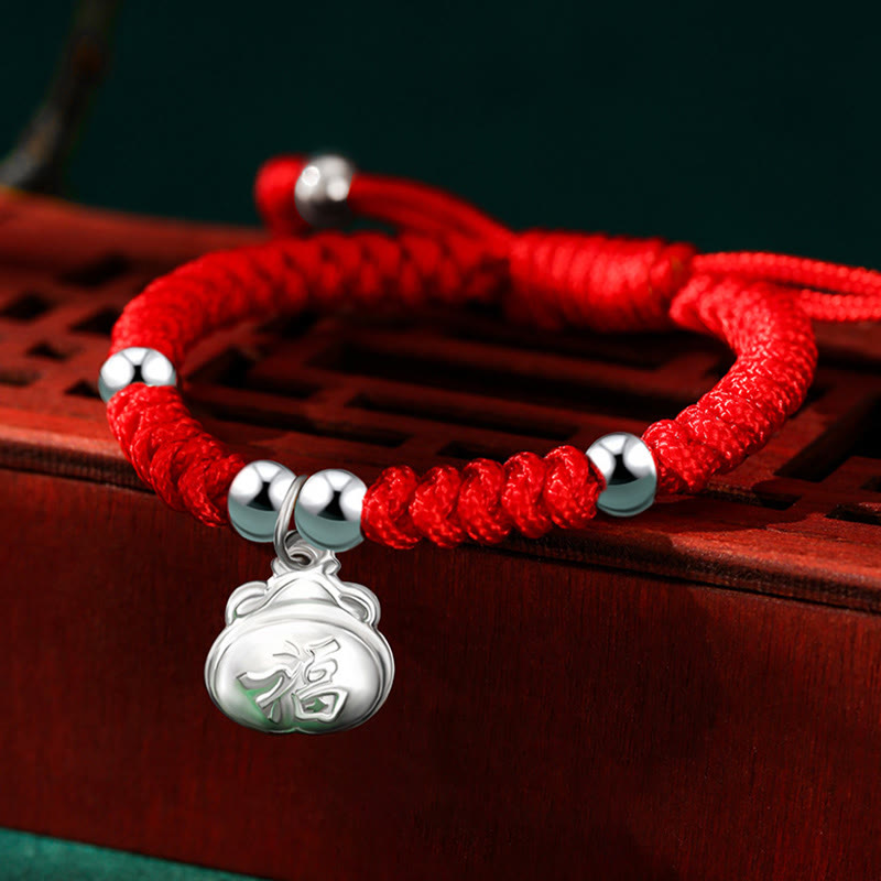 KarmaRipple's 925 Sterling Silver Handmade Fu Character Fortunate Money Bag Chinese Lock Talisman Bell Lotus Bronze Coin King Kong Weave Woven Kids Bracelet p1