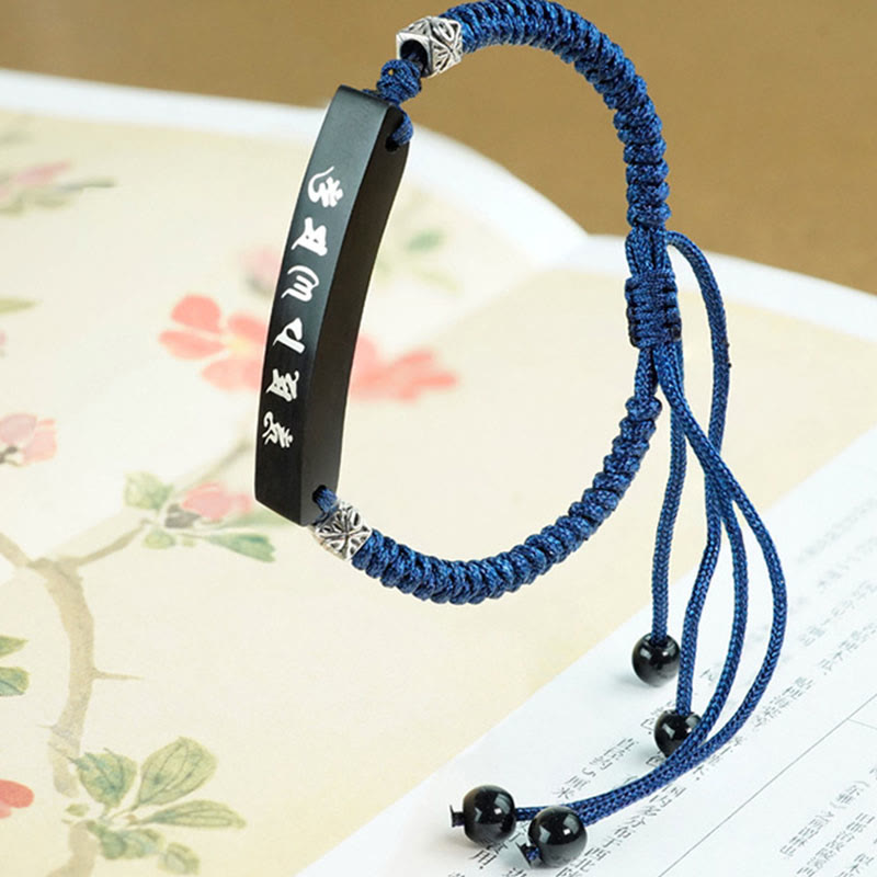 KarmaRipple's Buddhism Six True Words Wood Ebony Wood Silver Inlaid Protection Bracelet p8