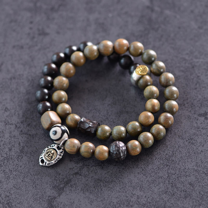 KarmaRipple's Tibetan Green Sandalwood Ebony Wood Three-eyed Dzi Bead Fu Character Balance Peace Double Wrap Bracelet p5