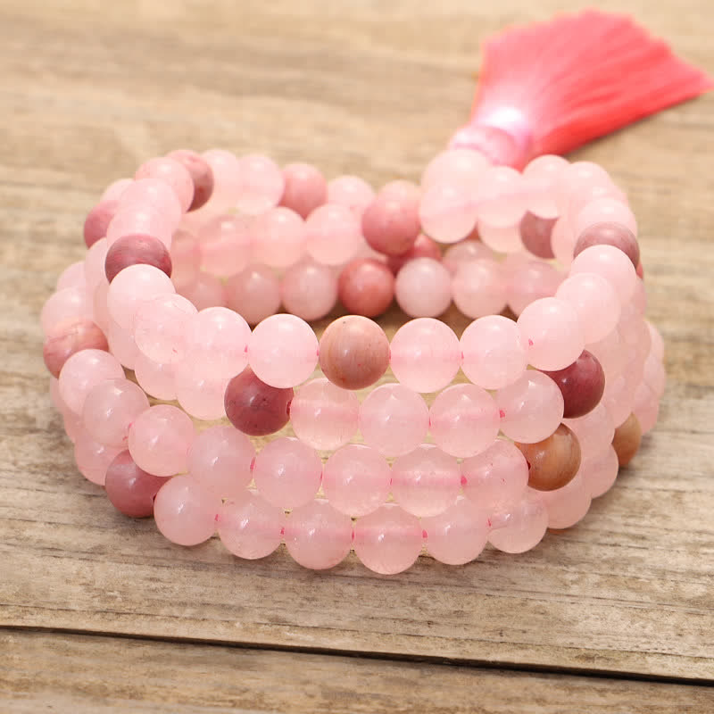 KarmaRipple's 108 Mala Beadwork Pink Gemstone Love Tassel Bracelet p9