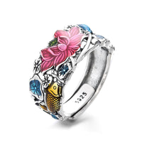 KarmaRipple's 925 Sterling Silver Koi Fish Lotus Flower Prosperity Ring