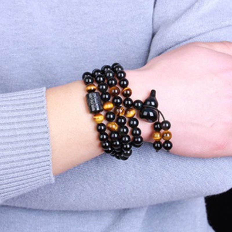 KarmaRipple's Authentic Black Obsidian Rainbow Obsidian Gourd Blessing Bracelet Mala p6