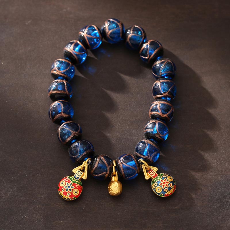 KarmaRipple's Gold Swallowing Beast Fortune Talisman Blue Liuli Glass Bead Fortune Bracelet p2