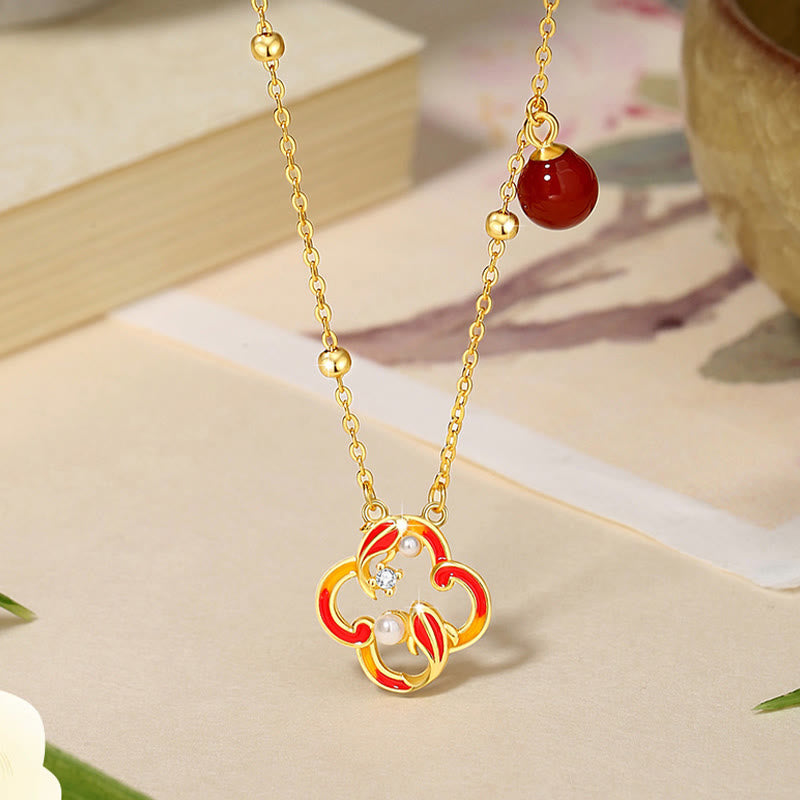 KarmaRipple's 925 Sterling Silver Four Leaf Clover Koi Fish Red Agate Pearl Wealth Bracelet Pendant Necklace Earrings Set p16