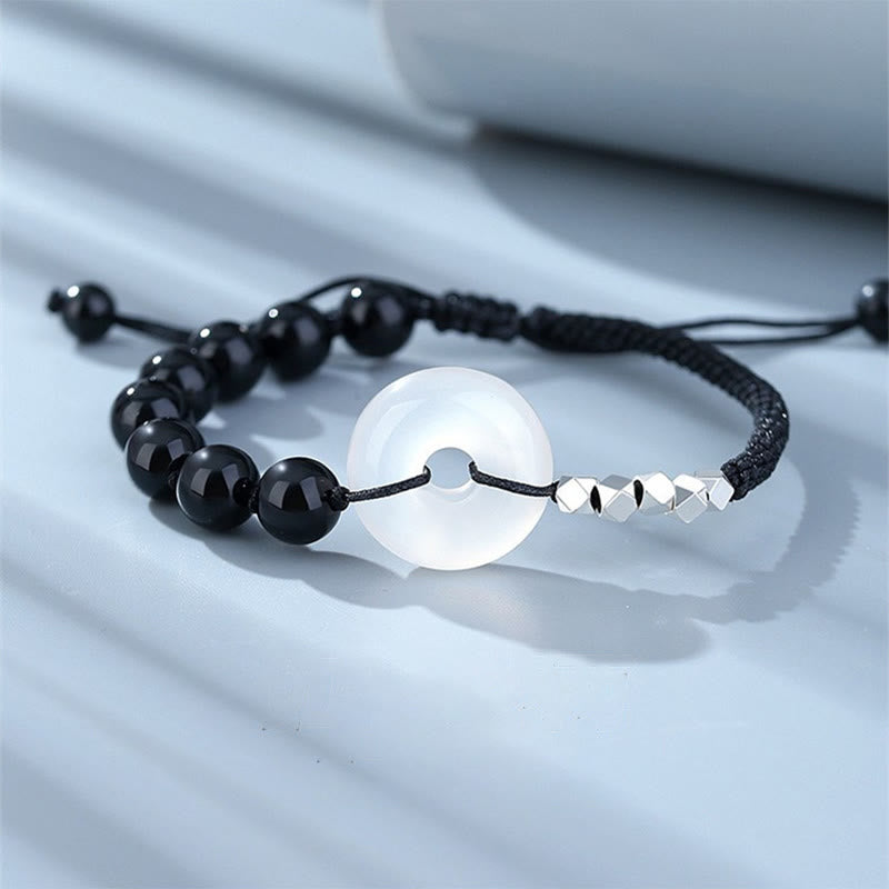 KarmaRipple's 925 Sterling Silver Black Obsidian Agate Peace Buckle Strength Bracelet p13