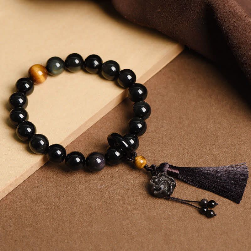 KarmaRipple's Authentic Black Obsidian Lion Wrist Mala Protection Tassels Pocket Mala Car Decoration p12