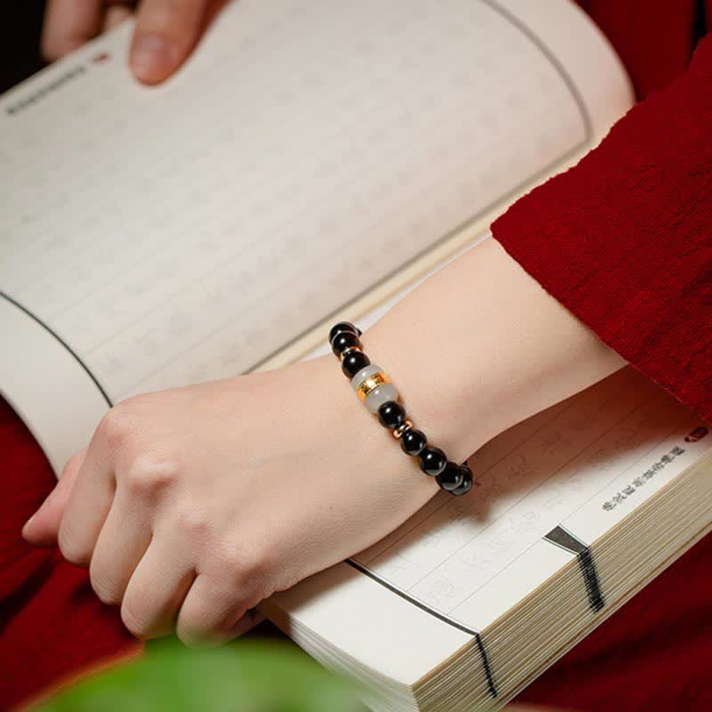 KarmaRipple's Black Obsidian Jade Om Mani Padme Hum Strength Pair Magnetic Bracelet p6