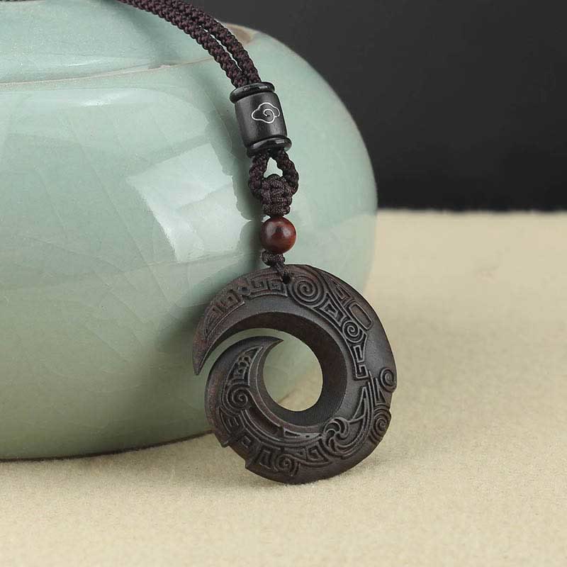 KarmaRipple's Ebony Wood Sandalwood One's Fortune Improves Design Pattern Peace Pendant Necklace p9
