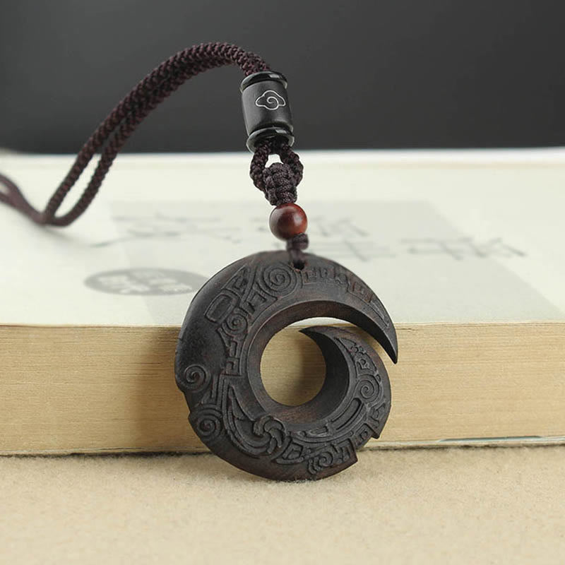 KarmaRipple's Ebony Wood Sandalwood One's Fortune Improves Design Pattern Peace Pendant Necklace p20