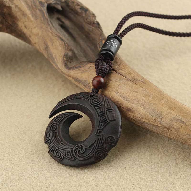 KarmaRipple's Ebony Wood Sandalwood One's Fortune Improves Design Pattern Peace Pendant Necklace p10