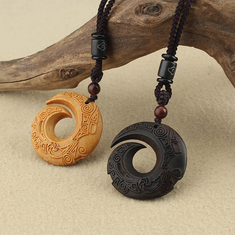 KarmaRipple's Ebony Wood Sandalwood One's Fortune Improves Design Pattern Peace Pendant Necklace p3