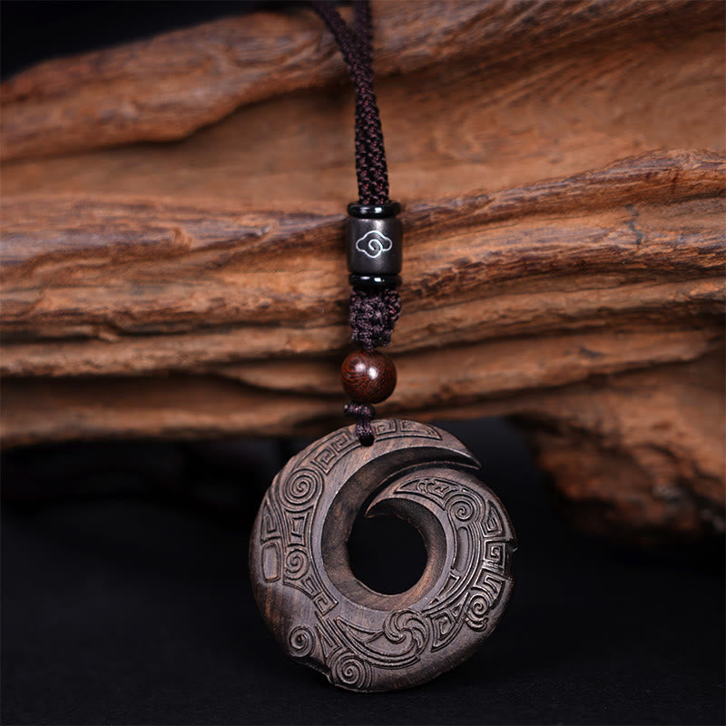 KarmaRipple's Ebony Wood Sandalwood One's Fortune Improves Design Pattern Peace Pendant Necklace p4