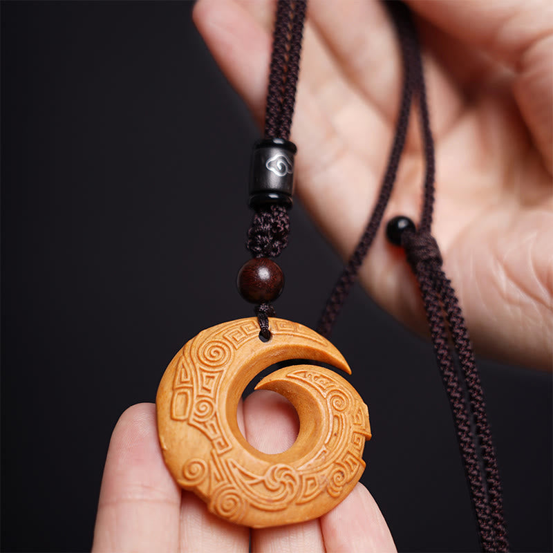 KarmaRipple's Ebony Wood Sandalwood One's Fortune Improves Design Pattern Peace Pendant Necklace p13