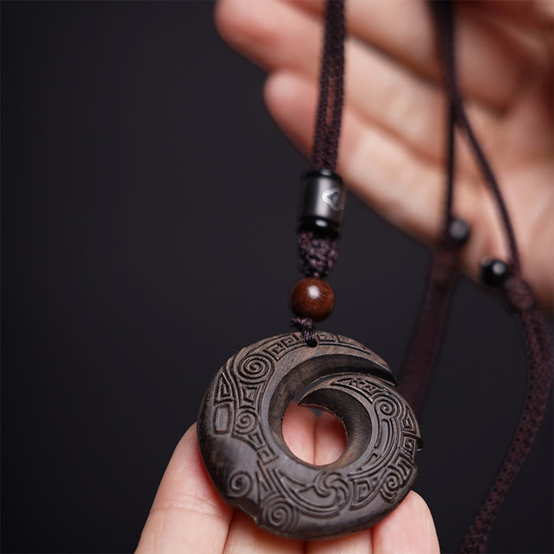 KarmaRipple's Ebony Wood Sandalwood One's Fortune Improves Design Pattern Peace Pendant Necklace p6